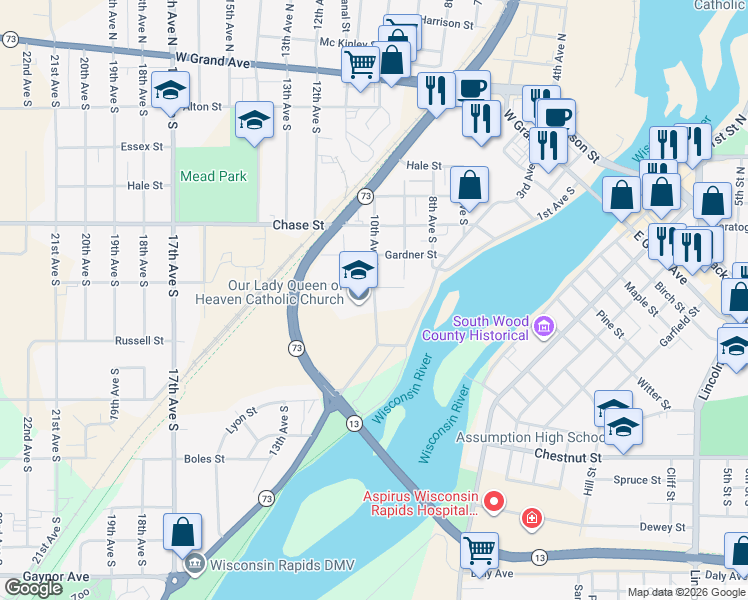 map of restaurants, bars, coffee shops, grocery stores, and more near 640 10th Avenue South in Wisconsin Rapids