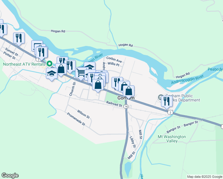 map of restaurants, bars, coffee shops, grocery stores, and more near 16 Androscoggin Street in Gorham