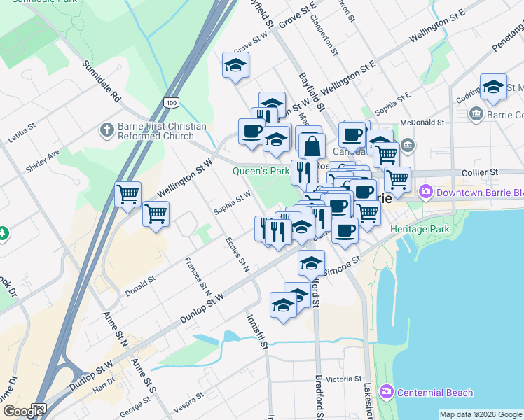 map of restaurants, bars, coffee shops, grocery stores, and more near Parkside Drive in Barrie