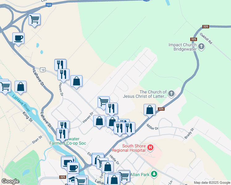 map of restaurants, bars, coffee shops, grocery stores, and more near 39 Spring Crescent in Bridgewater