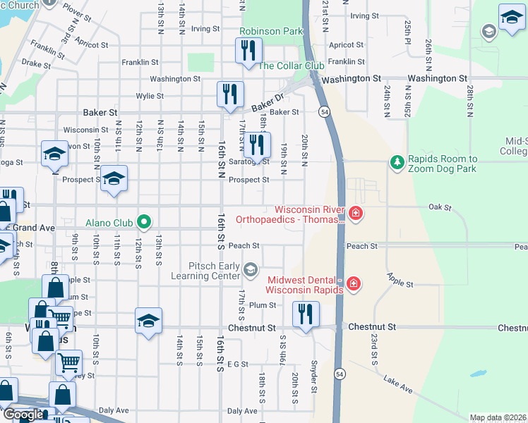 map of restaurants, bars, coffee shops, grocery stores, and more near 1731 Oak Street in Wisconsin Rapids