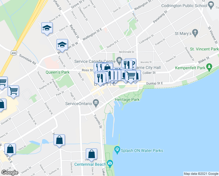 map of restaurants, bars, coffee shops, grocery stores, and more near 12 Chase McEachern Way in Barrie