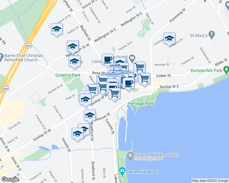 map of restaurants, bars, coffee shops, grocery stores, and more near in Barrie