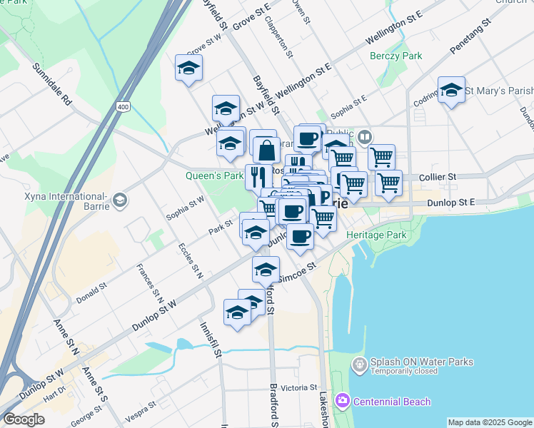 map of restaurants, bars, coffee shops, grocery stores, and more near in Barrie