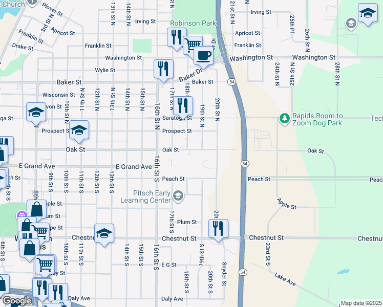 map of restaurants, bars, coffee shops, grocery stores, and more near 131 19th Street North in Wisconsin Rapids