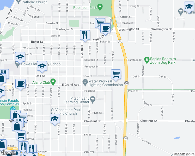 map of restaurants, bars, coffee shops, grocery stores, and more near 1731 Oak Street in Wisconsin Rapids