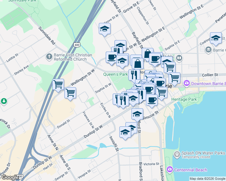 map of restaurants, bars, coffee shops, grocery stores, and more near 52 Parkside Drive in Barrie