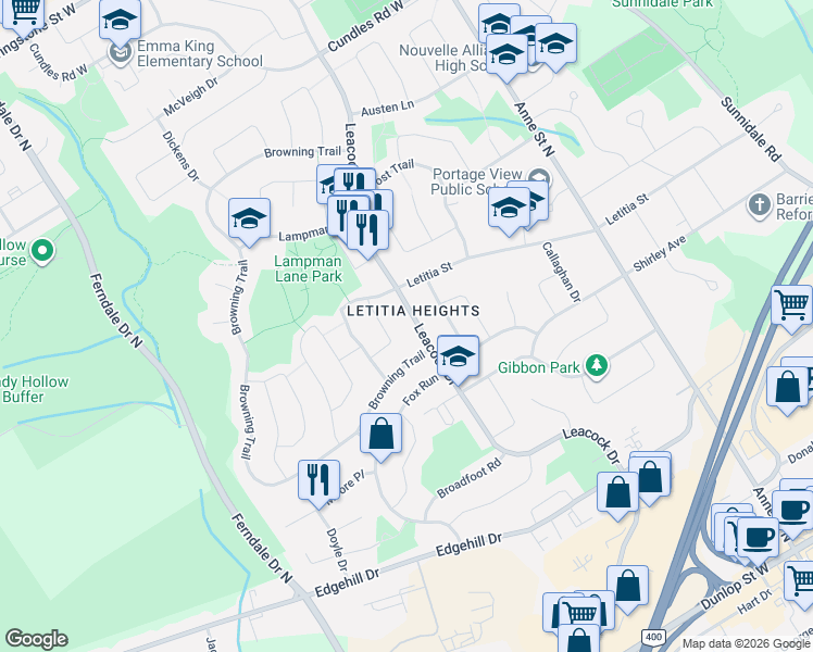 map of restaurants, bars, coffee shops, grocery stores, and more near 380 Leacock Drive in Barrie