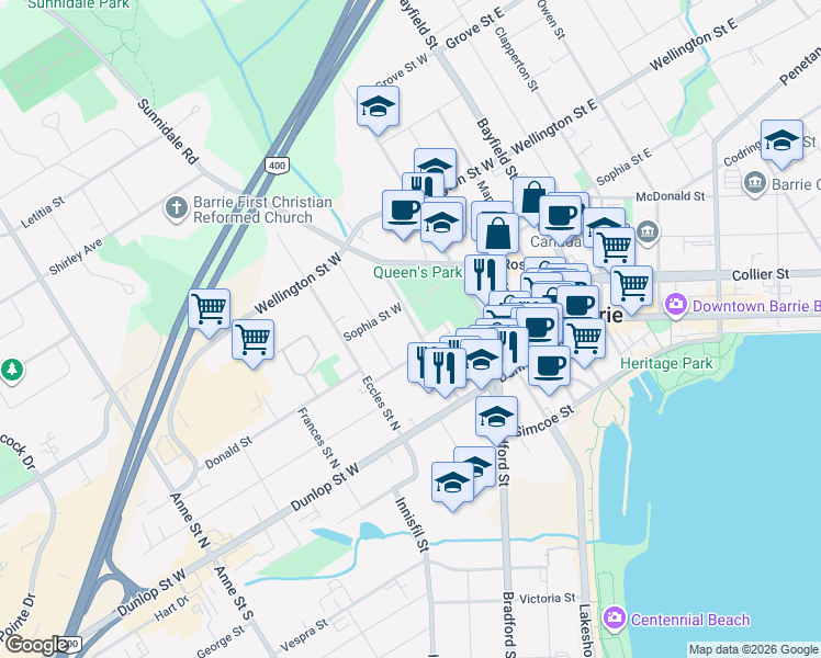 map of restaurants, bars, coffee shops, grocery stores, and more near in Barrie