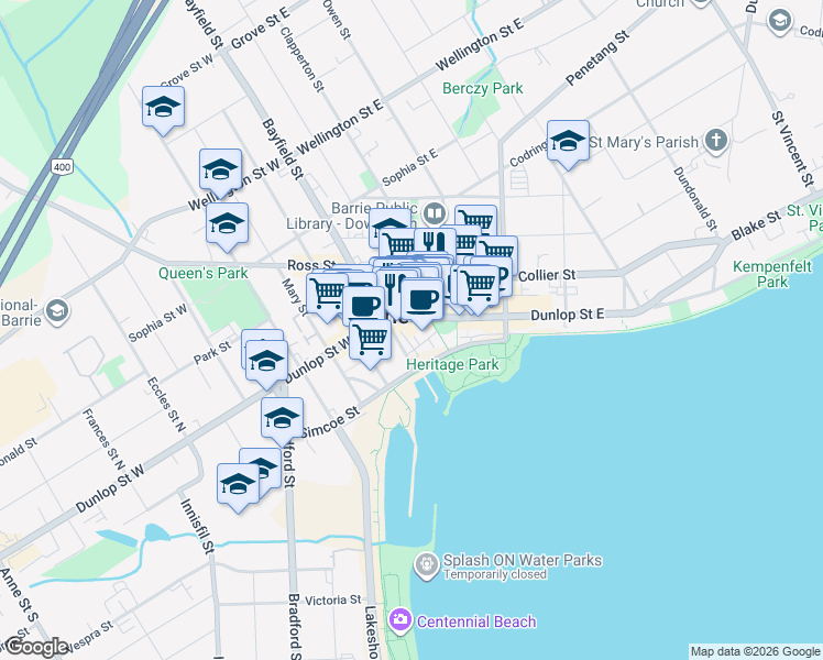 map of restaurants, bars, coffee shops, grocery stores, and more near 31 Dunlop Street East in Barrie