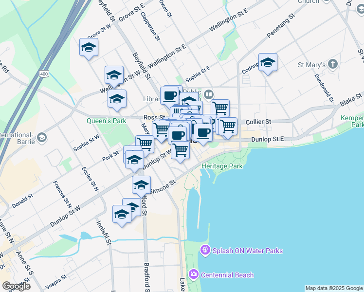map of restaurants, bars, coffee shops, grocery stores, and more near 21 Dunlop Street West in Barrie
