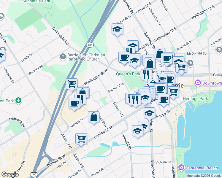 map of restaurants, bars, coffee shops, grocery stores, and more near 114 Sophia Street West in Barrie