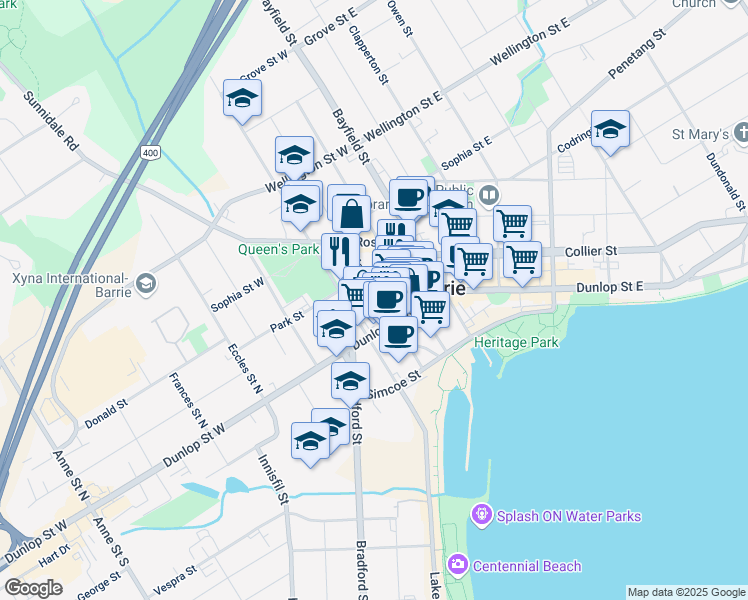 map of restaurants, bars, coffee shops, grocery stores, and more near 60 Mary Street in Barrie