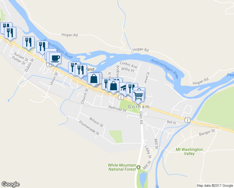 map of restaurants, bars, coffee shops, grocery stores, and more near 98 Mechanic Street in Gorham