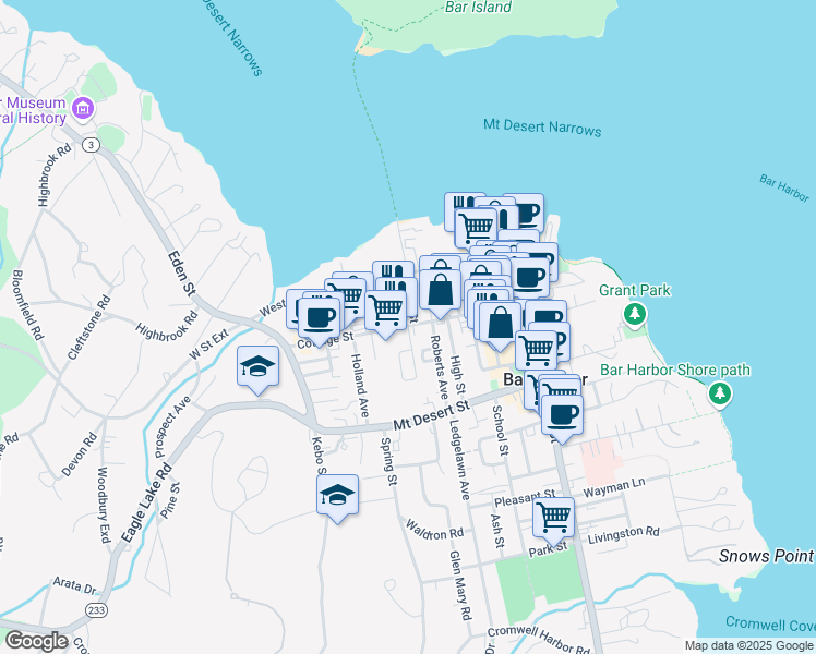 map of restaurants, bars, coffee shops, grocery stores, and more near 86 Cottage Street in Bar Harbor
