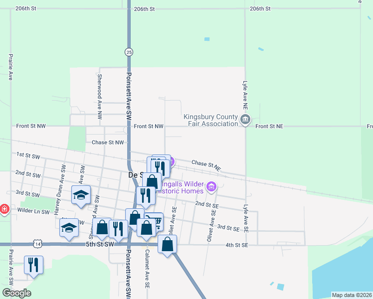 map of restaurants, bars, coffee shops, grocery stores, and more near 202 Chase Street Northeast in De Smet