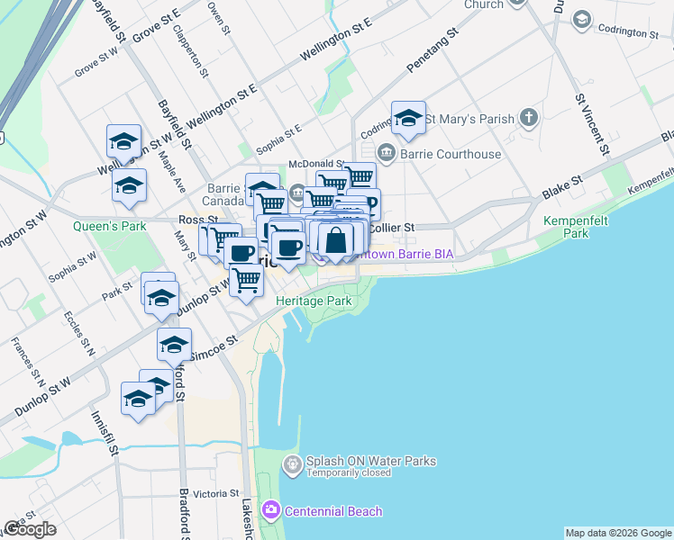 map of restaurants, bars, coffee shops, grocery stores, and more near 119 Dunlop Street East in Barrie