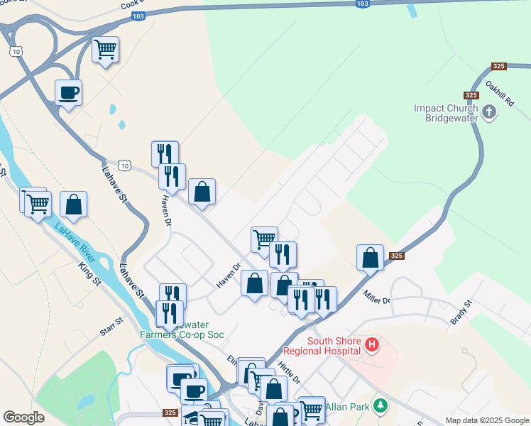 map of restaurants, bars, coffee shops, grocery stores, and more near 59 Winburn Avenue in Bridgewater