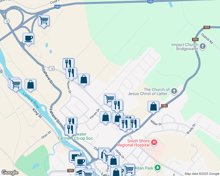 map of restaurants, bars, coffee shops, grocery stores, and more near 59 Winburn Avenue in Bridgewater