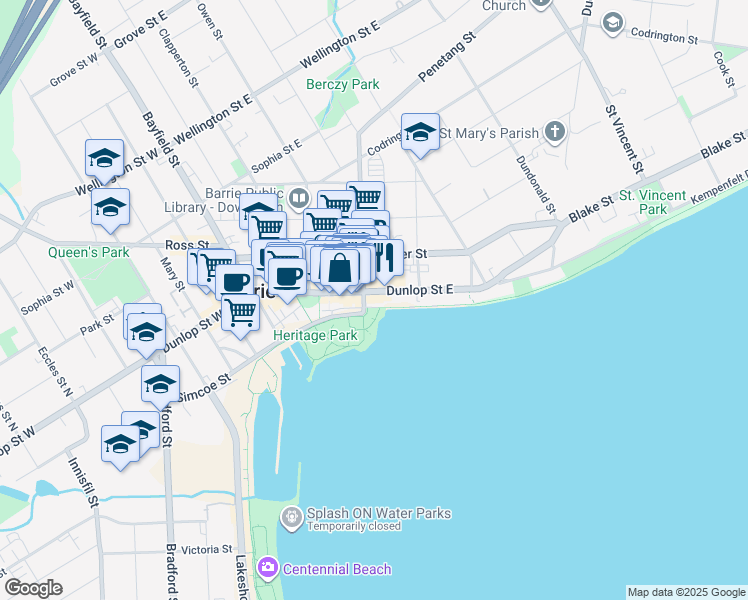 map of restaurants, bars, coffee shops, grocery stores, and more near in Barrie