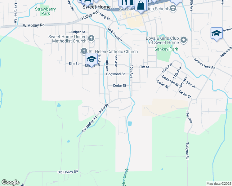 map of restaurants, bars, coffee shops, grocery stores, and more near 922 Birch Street in Sweet Home