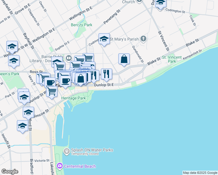map of restaurants, bars, coffee shops, grocery stores, and more near in Barrie