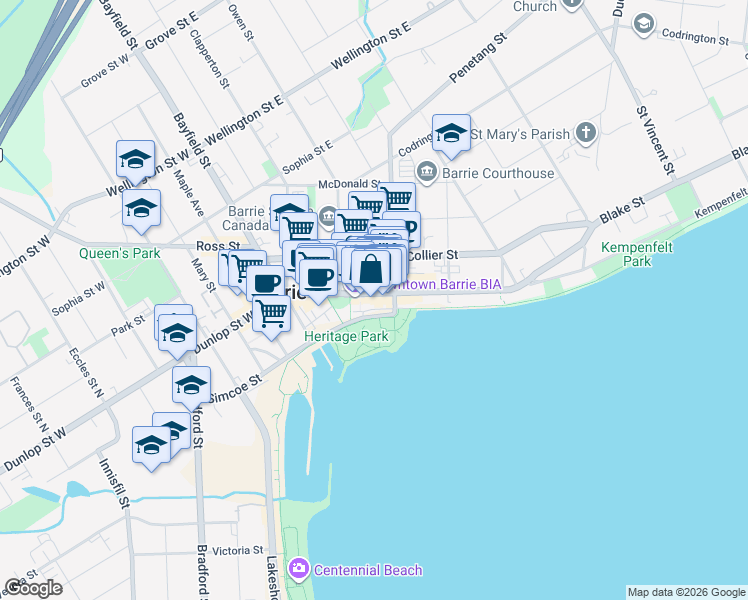 map of restaurants, bars, coffee shops, grocery stores, and more near 123 Dunlop Street East in Barrie