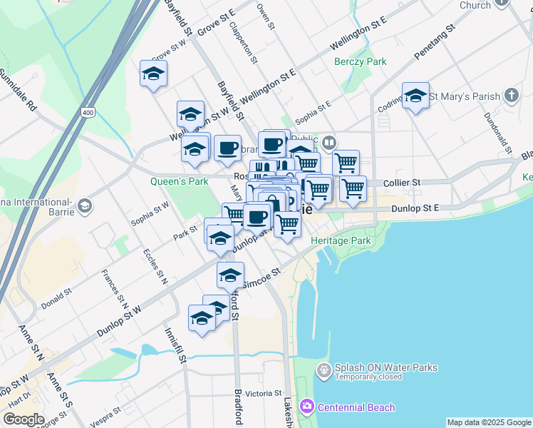 map of restaurants, bars, coffee shops, grocery stores, and more near in Barrie