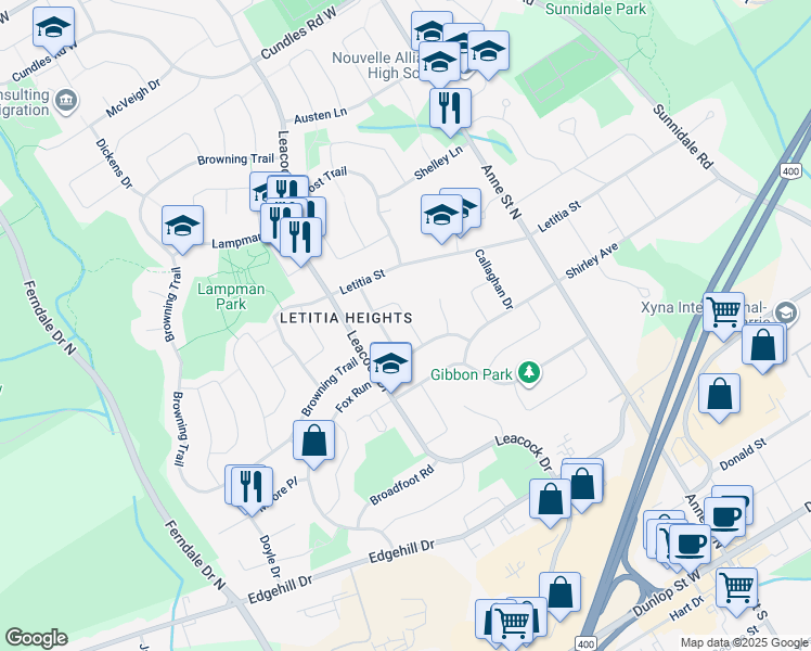 map of restaurants, bars, coffee shops, grocery stores, and more near 21 Kenny Crescent in Barrie