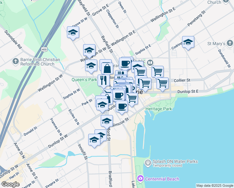 map of restaurants, bars, coffee shops, grocery stores, and more near in Barrie