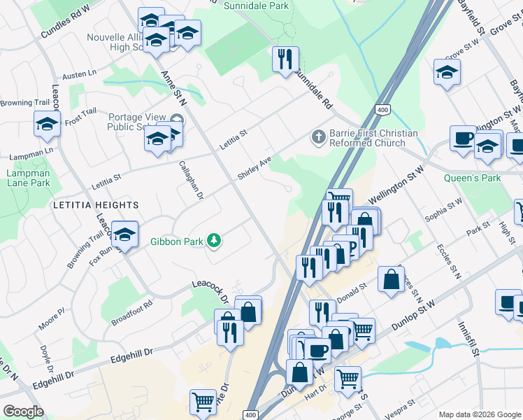 map of restaurants, bars, coffee shops, grocery stores, and more near 90 Edgehill Drive in Barrie