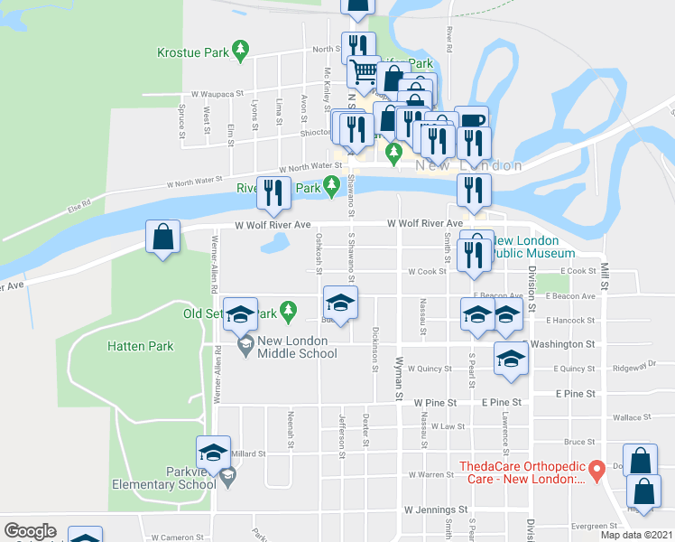map of restaurants, bars, coffee shops, grocery stores, and more near 609 West Cook Street in New London