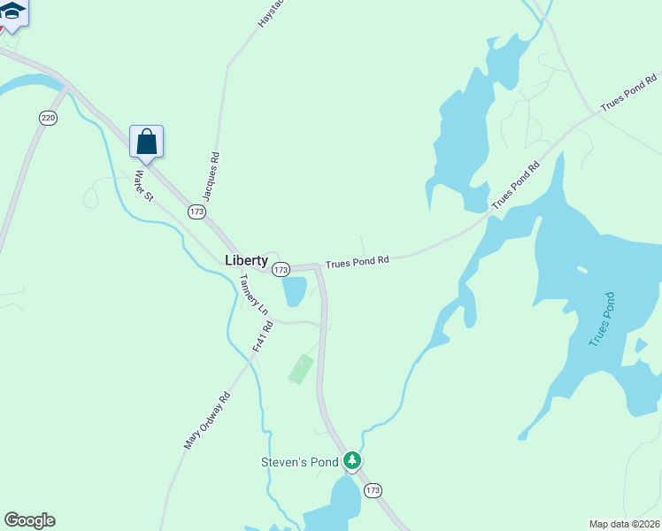 map of restaurants, bars, coffee shops, grocery stores, and more near 2 Trues Pond Road in Liberty