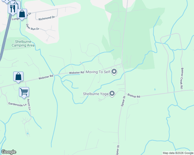 map of restaurants, bars, coffee shops, grocery stores, and more near 40 Old Stage Lane in Shelburne