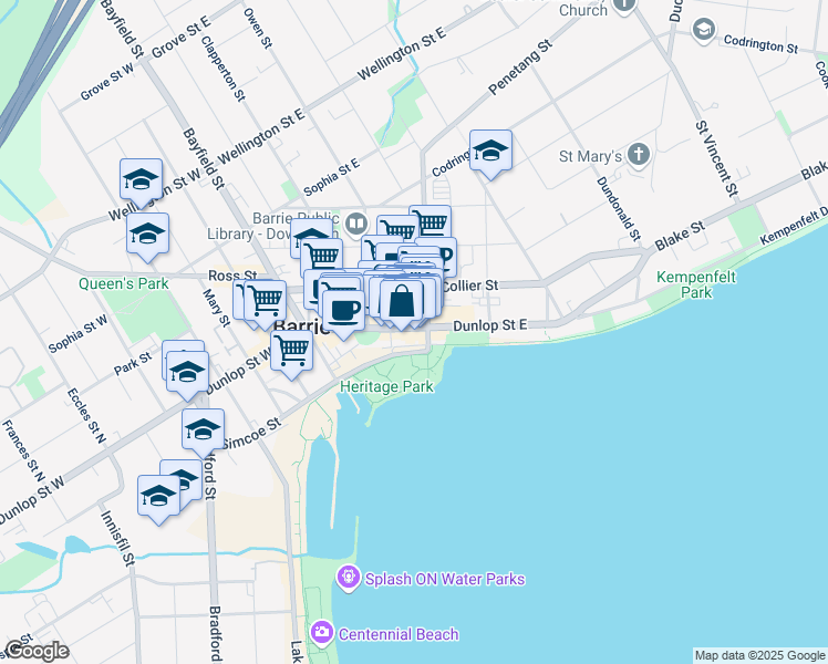 map of restaurants, bars, coffee shops, grocery stores, and more near 133 Dunlop Street East in Barrie