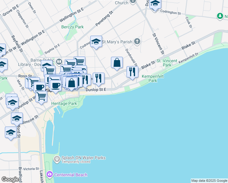 map of restaurants, bars, coffee shops, grocery stores, and more near 217 Dunlop Street East in Barrie