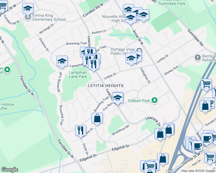 map of restaurants, bars, coffee shops, grocery stores, and more near 381 Leacock Drive in Barrie