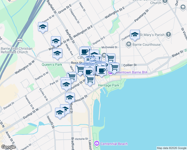 map of restaurants, bars, coffee shops, grocery stores, and more near 1 Clapperton Street in Barrie