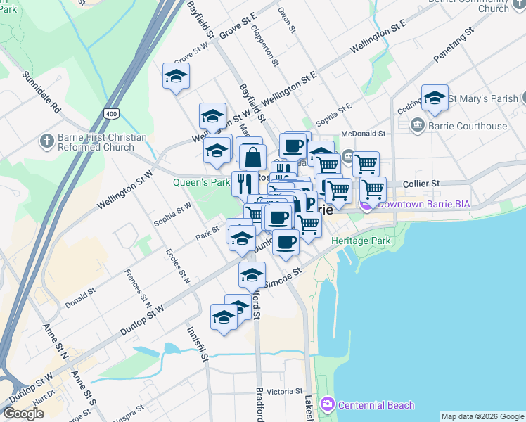 map of restaurants, bars, coffee shops, grocery stores, and more near 68 Mary Street in Barrie