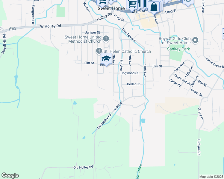 map of restaurants, bars, coffee shops, grocery stores, and more near 166 7th Avenue in Sweet Home