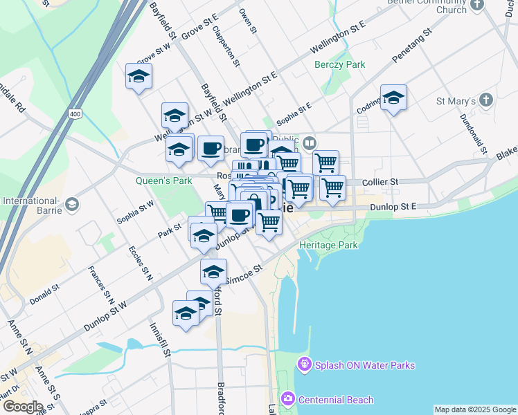 map of restaurants, bars, coffee shops, grocery stores, and more near 43 Maple Avenue in Barrie