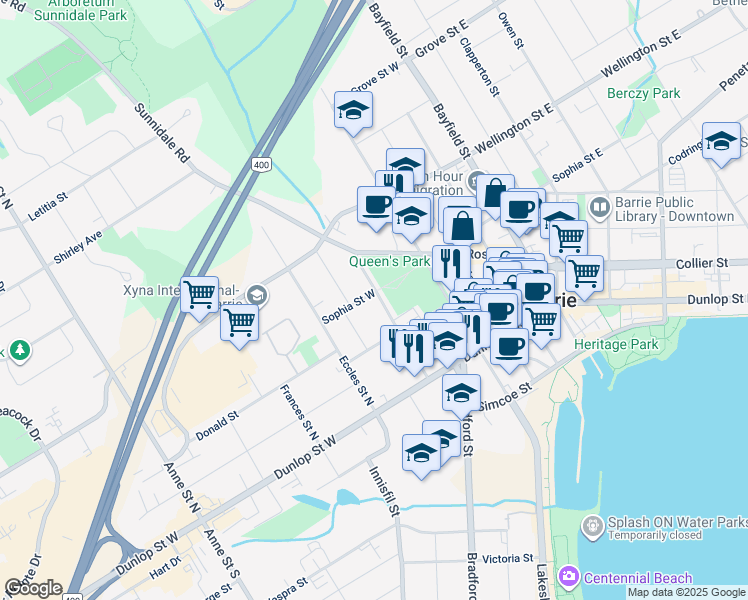 map of restaurants, bars, coffee shops, grocery stores, and more near 64 Parkside Drive in Barrie