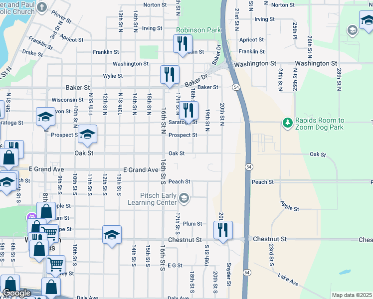 map of restaurants, bars, coffee shops, grocery stores, and more near 1731 Oak Street in Wisconsin Rapids