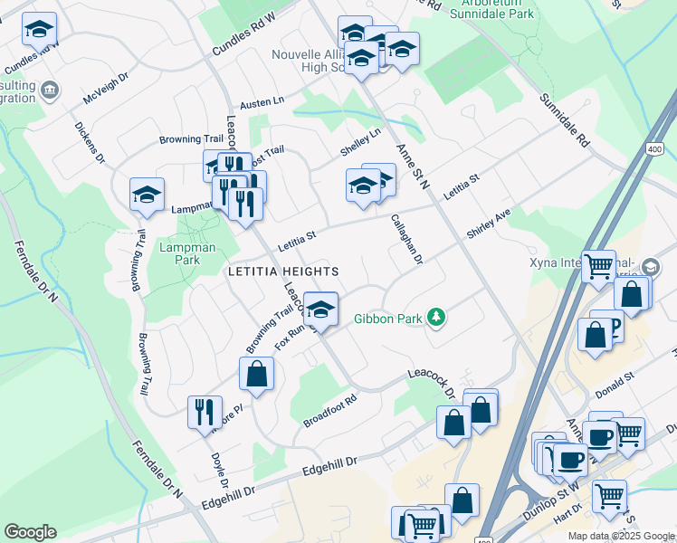 map of restaurants, bars, coffee shops, grocery stores, and more near 21 Kenny Crescent in Barrie