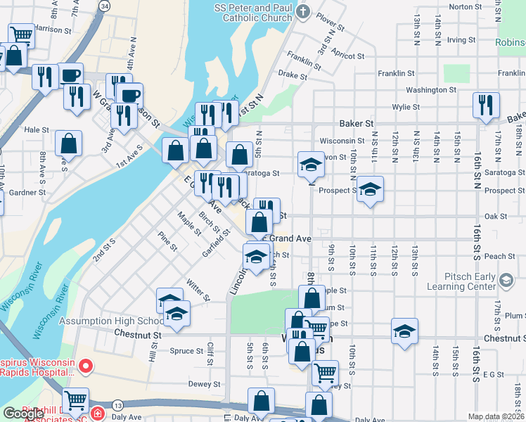 map of restaurants, bars, coffee shops, grocery stores, and more near 521 Oak Street in Wisconsin Rapids