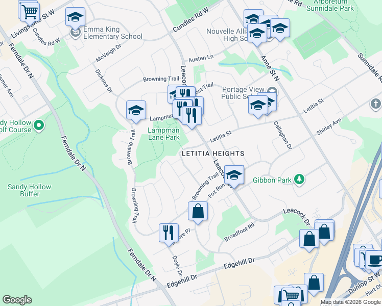 map of restaurants, bars, coffee shops, grocery stores, and more near 6 Shaw Crescent in Barrie