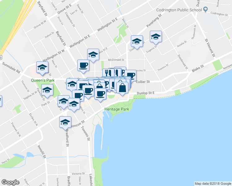 map of restaurants, bars, coffee shops, grocery stores, and more near 82 Dunlop Street East in Barrie