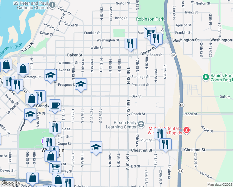 map of restaurants, bars, coffee shops, grocery stores, and more near 120 15th Street North in Wisconsin Rapids
