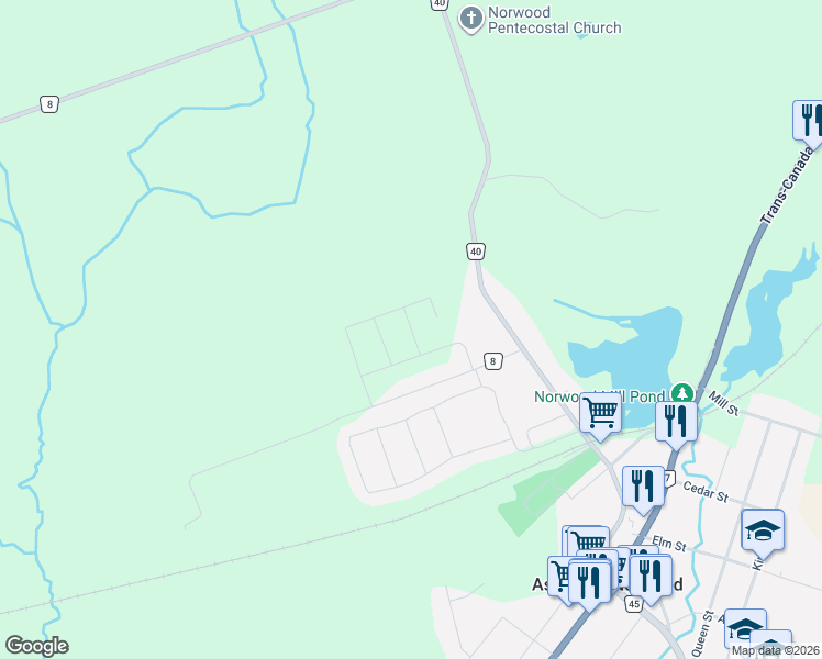 map of restaurants, bars, coffee shops, grocery stores, and more near 11 Oliver Lane in Norwood