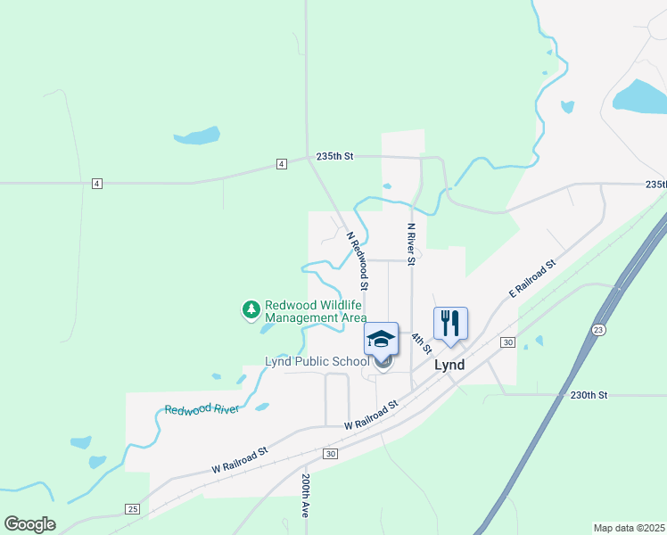 map of restaurants, bars, coffee shops, grocery stores, and more near 120 North Redwood Street in Lynd